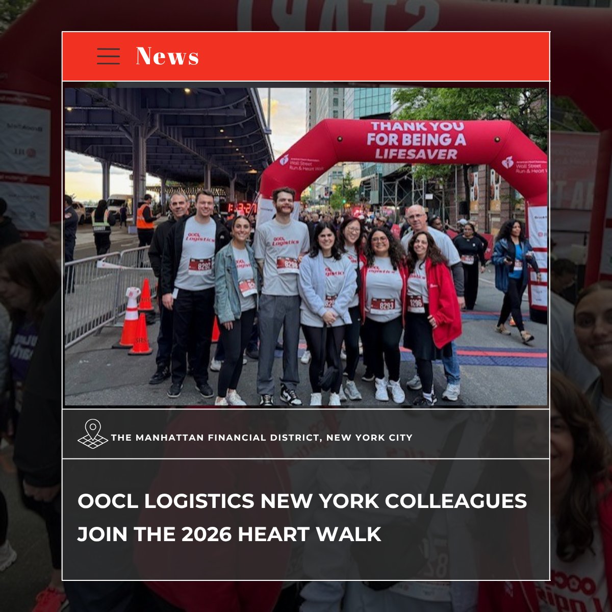 OOCLLogistics's tweet photo. Last month, OOCL Logistics New York colleagues joined the Heart Walk to support the American Heart Association. Through walking together, we supported research, showcasing our commitment to social responsibility.🏃

#OOCLLogistics #HeartWalk #AmericanHeartAssociation #WallStreet https://t.co/qpAhyU5443