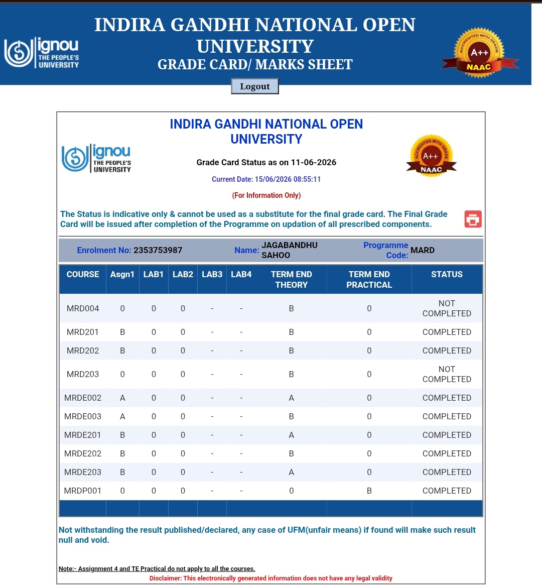 Jagabandhu124's tweet photo. Sir I Jagabandhu sahoo my enrollment no-2353753987 P.code-MARD,1st year assignment submission 10-8-24 hard copy submit, Subject code -MRD004,MRD203 paper Assignment submitted,1st and 2nd year exam clear but my certificate not issue plz help me @OfficialIGNOU @dpradhanbjp @IgnouVc https://t.co/FfryZyQkKA
