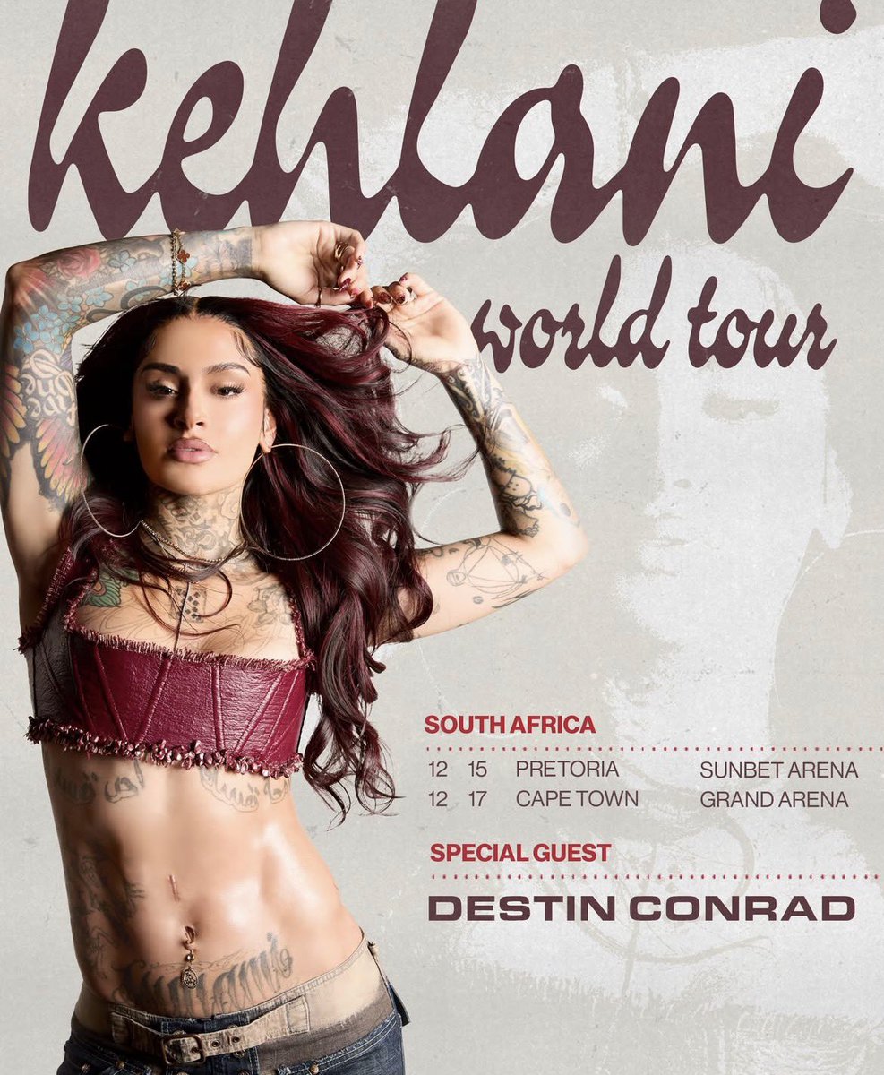 Rushe_C's tweet photo. KEHLANI AND DESTIN CONRAD LIVE IN SOUTH AFRICA. 

Kehlani is making her way back to South Africa this December with special guest, Destin Conrad. 

Sunbet arena - 15th December 
Cape Town - 17th December https://t.co/5oNaMJb4JE