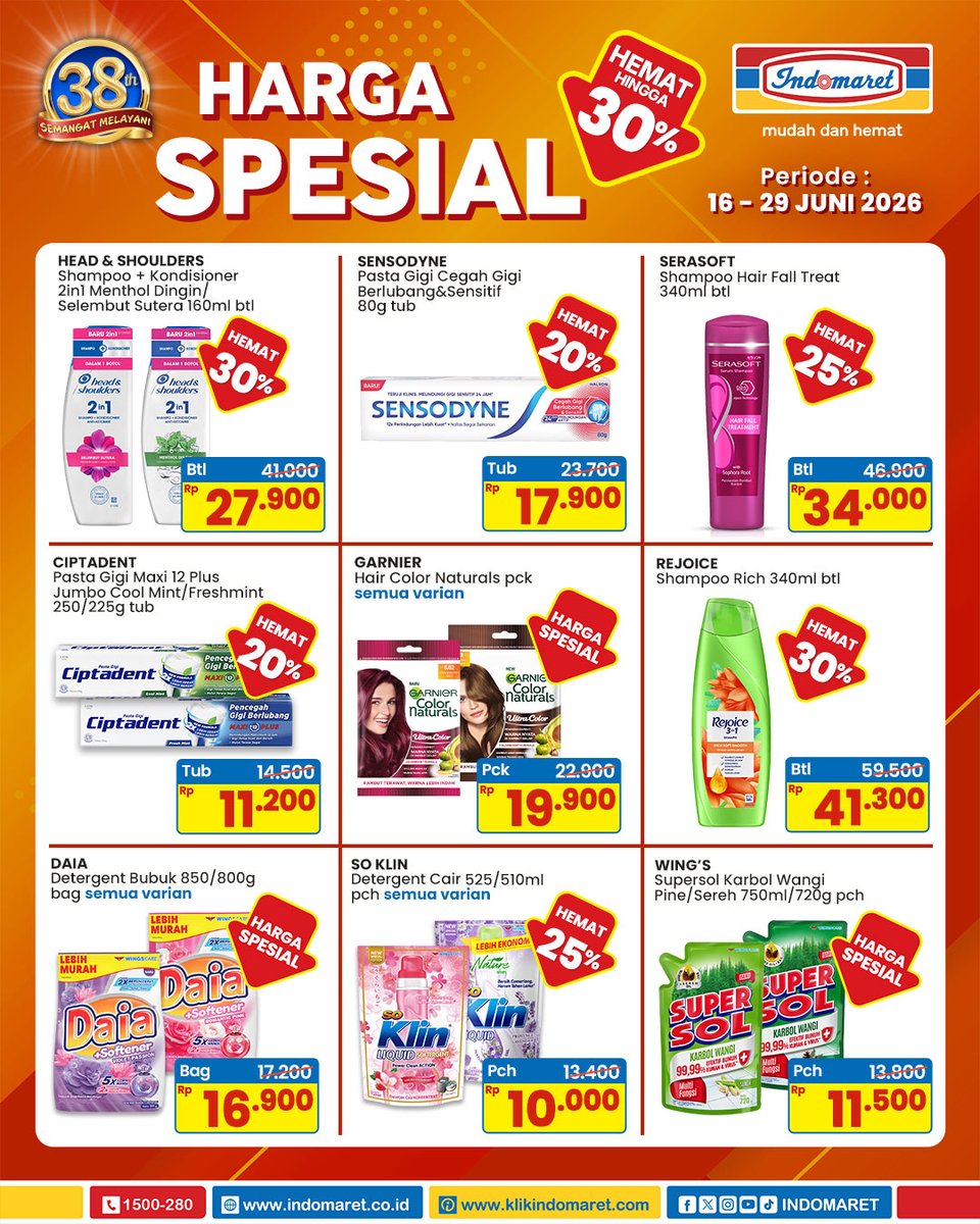 Indomaret's tweet photo. ✨ Belanja lebih hemat, hati pun senang! ✨
📅 Periode: 16 - 29 JUNI 2026

Nikmati HARGA SPESIAL hanya di Indomaret 🤩🛒
Jangan sampai stoknya habis, yuk sekarang juga ke Indomaret terdekat! 💛
.
#Indomaret #IndomaretBanyakPromosinya https://t.co/pwX3uvFSmZ