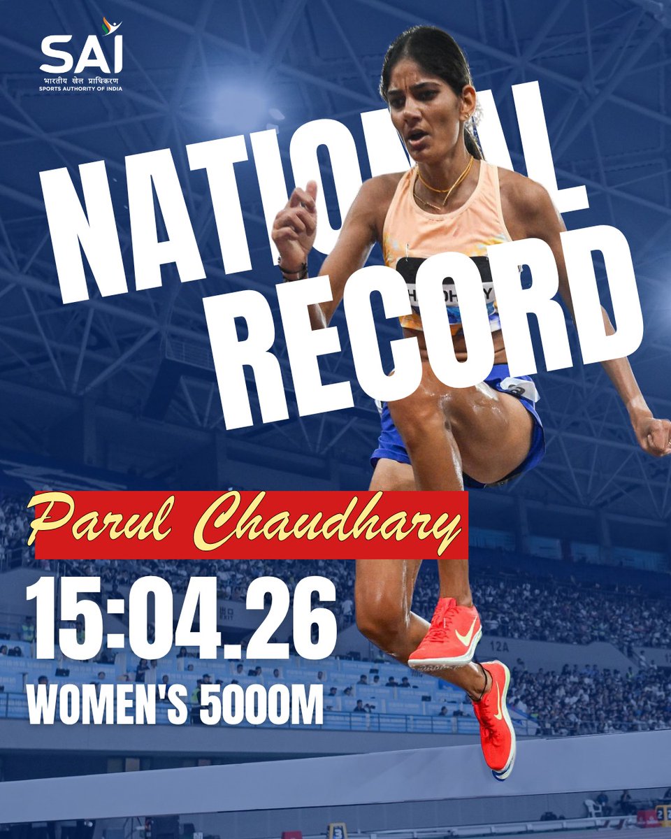 Media_SAI's tweet photo. 🇮🇳🏃‍♀️ History rewritten!

Parul Chaudhary blazes to a new National Record in the Women’s 5000m, clocking an incredible 15:04.26! 🔥

A remarkable display of endurance, determination, and excellence as she continues to raise the bar for Indian athletics on the global stage. 🌟

#NationalRecord #ParulChaudhary #IndianAthletics #WomenInSports