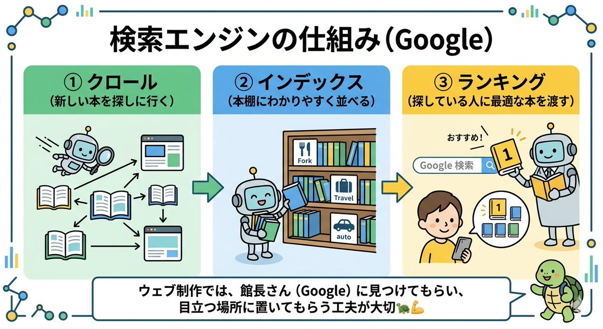 en46na's tweet photo. 検索エンジンの仕組みについて、わかりやすくまとめてみました👇
①クロール：新しい本を探しに行く
②インデックス：本棚にわかりやすく並べる
③ランキング：最適な本を届ける
読者の役に立つサイトを作れば、自然とGoogleにも評価される仕組みなんだね💡✨
#Webデザイン初心者 #Web制作 #SEO https://t.co/lU4PRoebdw