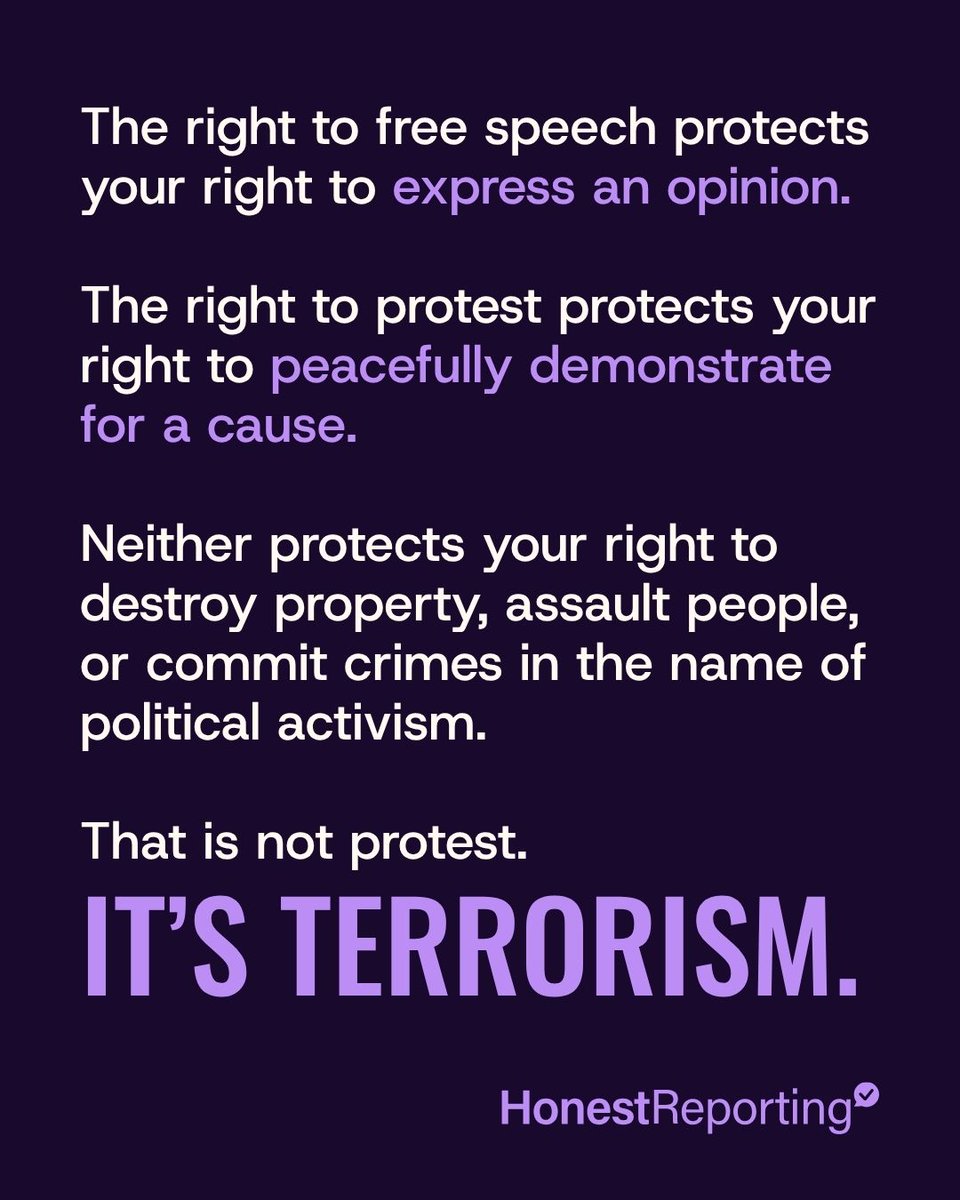 HonestReporting's tweet photo. Free speech protects opinions.
Protest protects peaceful demonstration.
Neither protects assault, destruction, or intimidation. https://t.co/vY3h6loQHq