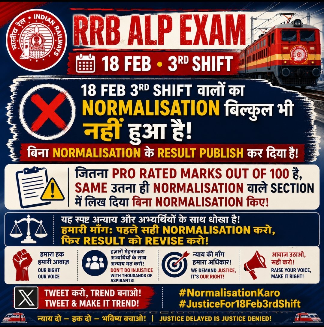 RahulKu73055722's tweet photo. CEN 01/25 ALP CBT-1 के रिजल्ट में 18feb/3rd shift का Normalization नहीं करने पर अभ्यर्थियों के साथ हुए अन्याय के लिए परिणाम की पुनः समीक्षा(Result Revise) करें।
#Alp_Revised_Result2025
#justicefor_rrbalp_18feb_shift3rd @RailMinIndia @AshwiniVaishnaw @Skjhaaofficial https://t.co/vNhSggL6Yl