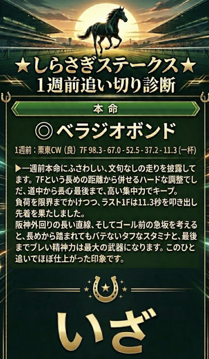 ok_google_msa's tweet photo. ☘️ しらさぎステークス 1週前追い切り診断 ☘️ 
阪神外回りのゆったりとした流れからの瞬発力を活かせる1週前の動きとラップ中身から厳選しました。

3週前は◎バステール🥉
先々週は2番手評価シックスペンス🥇
先週は◎マイユニバース

今週も宜しくお願いします😊

いざ🥷✨⭐︎

🟩 基準クリア（特注・高く評価できる馬） ◎ ベラジオボンド 
1週前：栗東CW（良） 7F 98.3 - 67.0 - 52.5 - 37.2 - 11.3（一杯） 
▶️一週前本命にふさわしい、文句なしの走りを披露しています。 
7Fという長めの距離から併せるハードな調整でしたが、道中から最後まで高い集中力でキープ。
負荷を限界までかけつつ、ラスト1Fは11.3秒を叩き出して先着を果たしました。 
阪神外回りの長い直線、そしてゴール前の急坂を考えると、長めから踏まれてもバテないタフなスタミナと、最後までブレない精神力は最大の武器になります。このひと追いでほぼ仕上がった印象です。

ファーヴェント 
1週前：栗東坂路（良） 51.5 - 37.1 - 24.3 - 12.2（馬なり） 
▶️坂路で馬なり余力のまま、4F 51.5秒（後半2F 24.3 - 12.2）という極めて優秀な加速ラップをマーク。
道中は隣の併走馬を気にする若さを見せたものの、終始楽な手応えのまま鋭く伸びて先着を果たしました。 
馬なりのままこれだけの時計を難なく消化できるスピード性能は強く、時計以上に負荷もしっかり掛かっており、急坂を苦にしないパワーも健在。良い仕上がりです。

ミニトランザット 
1週前：栗東CW（良） 6F 87.4 - 70.9 - 56.0 - 38.7 - 11.1（馬なり） 
▶️全体時計の87.4秒は意図的にセーブしたものですが、中身が濃いです。
可動域が広く四肢の硬さも一切ありません。ラスト1Fで、11.1秒という素晴らしい瞬発力を馬なりのまま引き出し、0.5秒先着この終いのキレと可動域の広さは最大の武器です。
前走以上の仕上がりでしょう。

ショウナンアデイブ 1週前：栗東坂路（良） 54.2 - 39.1 - 25.2 - 12.4（強め） 
▶️単走での調整だったため少し気合い不足な面は見られましたが、フォームが綺麗にまとまっており、トモの開きが少ない素晴らしい走りをしています。
その分、馬場を効率よく捉えられており、可動域の広さも十分です。 
状態は上向き。

ファンダム 
1週前：美浦W（良） 6F 81.6 - 65.1 - 50.8 - 36.9 - 11.5（馬なり） 
▶️美浦Wコースで格上の古馬を0.9秒追走し、馬なりのまま楽々と同入。
元々調教では動くタイプですが、今回も手応えにはかなり余裕があり、精神的にも上手くコントロールされていて気配は良好です。 
6F 81.6秒と全体時計も優秀で、阪神外回りに必要なスピードの持続力は証明済み。当日の馬体重さえキープできていれば、力を発揮できる仕上がりです。

🟨 評価保留（最終追い切り注目馬） 
スマートワイス 
1週前：栗東坂路（良） 53.5 - 38.3 - 25.0 - 12.3（一杯） 
▶️前走条件戦を勝ち上がった勢いそのままに、非常に活気みなぎる走りを披露。
全体時計こそ目立ちませんが、終い重点の調整で仕掛けられてからの反応は上々。
ラスト2Fを 12.7 - 12.3 と綺麗に加速する理想的なラップを刻んでいます。 
間隔が詰まっている中での強め調整ですが、これだけの負荷を消化できている時点で体調の良さは伺えます。

サイルーン 
1週前：美浦W（稍） 6F 80.5 - 64.2 - 49.9 - 35.1 - 11.2（強め） 
▶️6F 80.5秒という非常にタフで厳しい時計を消化してきました。
3頭併せの最内で立ち回り自体はスムーズでしたが、手応えにはそこまで余裕がなく、前走の調教時の方が楽に動けていた印象です。 
ただ、瞬発力勝負になりやすい阪神外回りに向けて、一週前にこれだけ強めに追って負荷をかけた意図は明確。このキツいひと追いでガラリと変わる余地は十分にあります。
最終追い切りでどこまで。

ブエナオンダ 1週前：栗東坂路（良） 51.7 - 37.4 - 24.3 - 12.2（馬なり） 
▶️単走追いながら、前半から意欲的に攻めて4F 51.7秒、ラスト2Fも 12.1 - 12.2 と時計面では非常に優秀な動きを見せています。 
しかし、仕掛けてからのフォームが少し開き気味になっており、せっかくのパワーが効率よく変換できていない印象を受けます。阪神外回りの急坂を力強く駆け上がるには、フォームの修正が必須。

エコロアルバ 
1週前：美浦W（良） 5F 65.1 - 50.1 - 36.3 - 11.2（一杯） 
▶️格上の古馬を0.9秒後ろから追いかけ、直線で一杯に追われると0.1秒先着。
ラスト1Fは11.2秒と鋭い時計をマークしました。
コーナーから直線の入り口まではスムーズに流れていましたが、いざ仕掛けてからの前肢の動きが少し硬く感じられ、楽に動けている印象はありません。
斤量53kgですが、最終でどう巻き返すか。

🟥 現状一息（軽視の一手か） キープカルム 1週前：栗東坂路（良） 51.3 - 38.1 - 25.1 - 12.7（一杯） 
▶️最終追いでの一変待ちです。