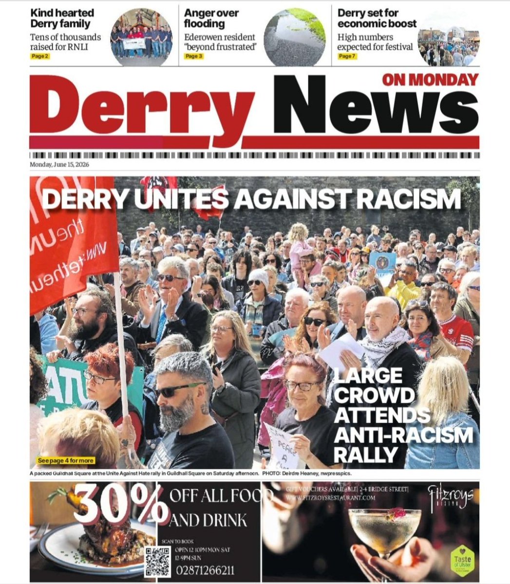CathMcGin_Tea's tweet photo. Maidin mhaith.  

Here's the front page of The Derry News (@DerryNow).

#NewLookPaper

Read it online: https://t.co/LYNgZtMue2.  

Subscribe: https://t.co/RWAdaStVIL.  

Keep in touch Derry.  

catherinemcginty16@gmail.com. https://t.co/l7eUxlAk67