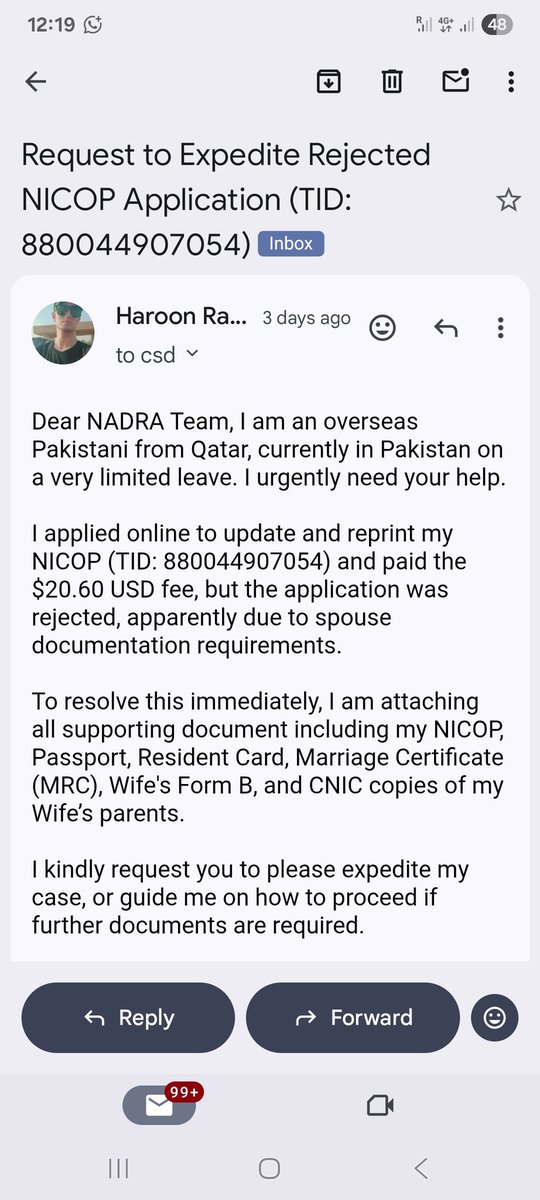 CricketAction64's tweet photo. @nadra_csd @NadraPak سر، درخواست کے ساتھ دستاویزات فراہم کرنے کا کوئی آپشن نہیں آ رہا۔ البتہ میں نے csd@nadra.gov.pk پر ای میل کے ذریعے اور آن لائن شکایت نمبر: 5550049059 کے ساتھ اپنی شریکِ حیات کا فارم ب اور کمپیوٹرائزڈ نکاح نامہ منسلک کر دیا ہے۔ میری مدد کریں کیونکہ میری صرف 2 ماہ کی چھٹی باقی ہے۔ https://t.co/cGLqodnKFb