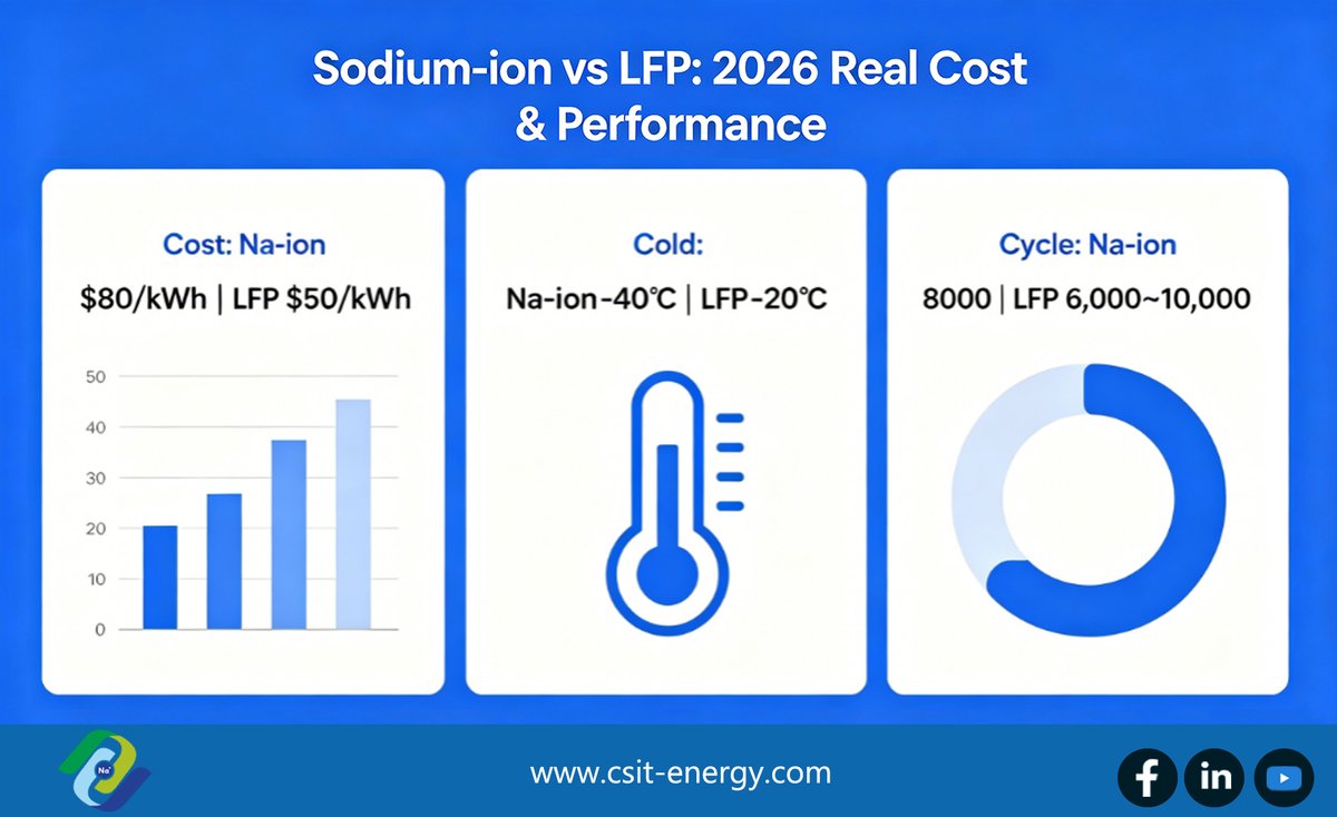 CSITEnergy's tweet photo. Sodium-ion vs LFP: 2026 Real Cost &amp; performance
📷 Cost: Na-ion $80/kWh | LFP $50/kWh
📷 Cold: Na-ion -40℃ | LFP -20℃
📷 Cycle: Na-ion 8,000 | LFP 6,000~10000
#SodiumIon #CleanEnergy #Sodiumbattery #sib #sodiumionbattery #sodiumbatteries https://t.co/om3XuvyXsL