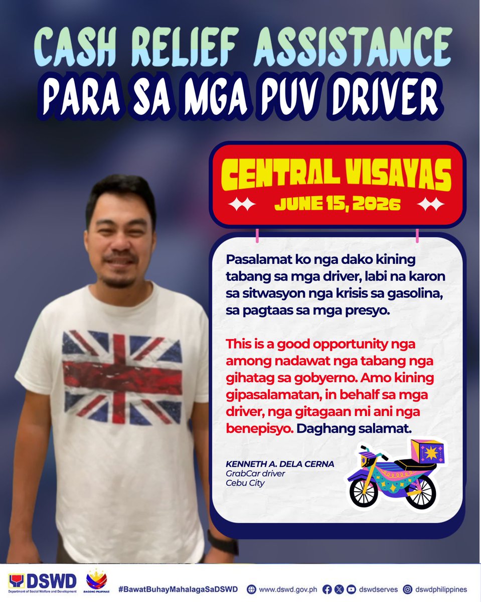 DSWDfo7's tweet photo. “Mga five minutes, humana na dayon.”

To Kenneth A. Dela Cerna, a GrabCar driver, the Cash Relief Assistance represented more than just financial support—it was a timely help that arrived when it was needed most. @dswdserves https://t.co/fBguoPyxU2
