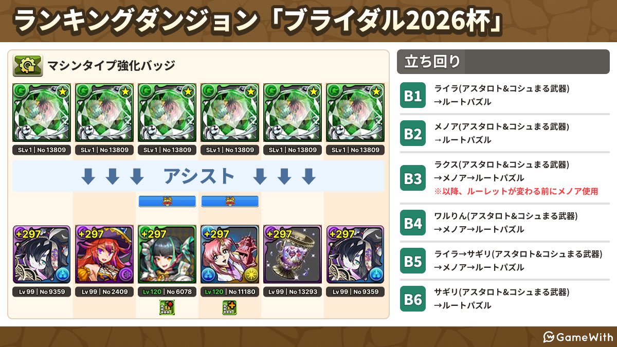 gamewith_pad's tweet photo. 【ランキングダンジョン】
ランダン　ブライダル2026杯
0.1%　308,642点

🔸アスタロト&amp;コシュまる編成
┗ ルートパズルのみ（動画は3枚目⤵︎）
🔸編成難易度を抑えた編成・石回収用のクリア編成も順次掲載する予定です🙇‍♂️

▼ 詳細はランダン記事をどうぞ
https://t.co/U4L1hWLXUr

#パズドラ https://t.co/MUfJclW5yc