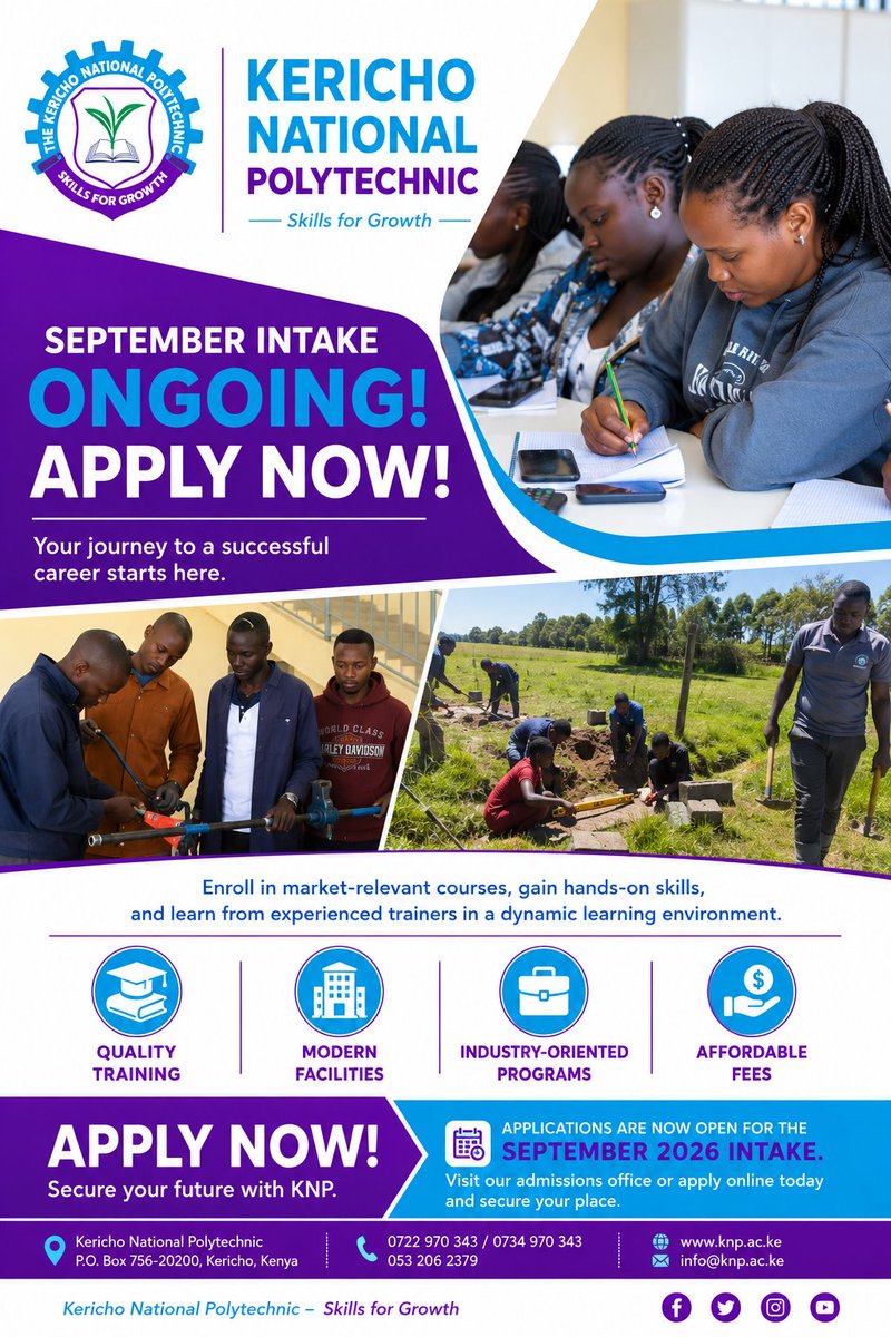 TheKerichoNP's tweet photo. Your journey to a successful career starts here. Enroll in market relevant courses, gain hands on skills, and learn from experienced trainers in a dynamic learning environment.
Applications are now open for the September 2026 Intake.
#SeptemberIntake2026 https://t.co/BvTq2WRjuX