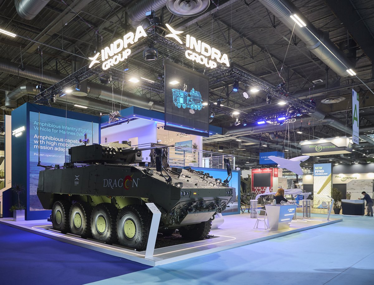 IndraCompany's tweet photo. #Eurosatory2026 kicks off, and Paris becomes the epicentre of land defence. At Indra, we’re ready to lead the conversation.
From the 8x8 Dragón to AI, counter‑UAS, radars &amp; EW, we showcase the future of digitalised combat. 👇 https://t.co/FWyV2s6tad