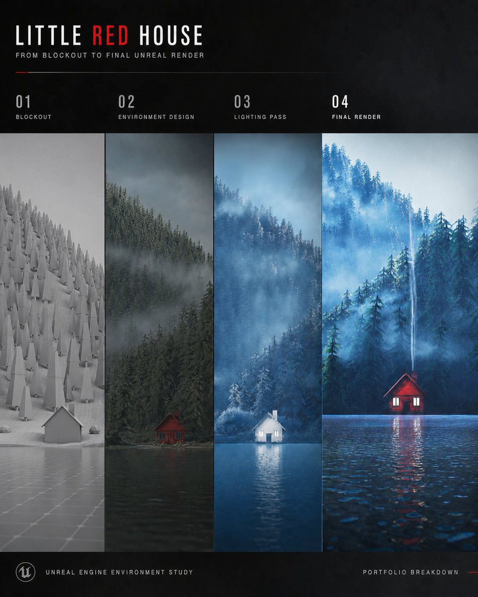 md_atoofi's tweet photo. A strong portfolio is not only about the final image.

Breakdowns show how you think:
blockout, environment design, lighting pass, and final render.
This is from my personal #UnrealEngine project, Little Red House.

Project:
https://t.co/4WuQHLv4e7

#GameArt #Portfolio #gamedev https://t.co/dA11n3uocW