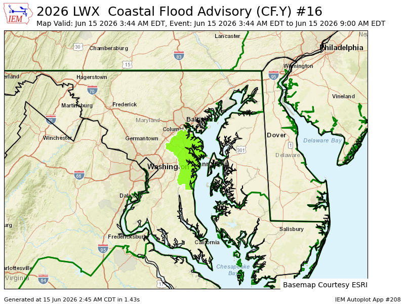 PWXBaltimore's tweet photo. LWX issues Coastal Flood Advisory for Anne Arundel [MD] till Jun 15, 9:00 AM EDT https://t.co/1LYjMV3ZCX https://t.co/raPeAynt5e
