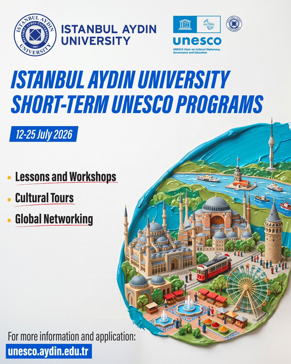 IAUKampus's tweet photo. Küresel diplomasinin kapılarını İAÜ’de aralayın!
İAÜ UNESCO Kültürel Diplomasi, Yönetişim ve Eğitim Kürsüsü tarafından düzenlenen UNESCO Barış ve Diplomasi Yaz Programı 2026 için başvurular başladı.
12–25 Temmuz 2026 tarihleri arasında İstanbul’da gerçekleşecek bu uluslararası ağın bir parçası olmak için yerinizi şimdiden ayırtın!

Kimler Katılabilir?
14-18 Yaş: Lise Öğrencileri
18-28 Yaş: Üniversite Öğrencileri

Başvuru Formu:
https://t.co/lNVn3V8aFt

 Detaylı Bilgi: https://t.co/53MiectFdF
- -

Unlock the doors to global diplomacy at Istanbul Aydın University!

Applications are now open for the UNESCO Peace and Diplomacy Summer Program 2026, organized by the IAU UNESCO Chair on Cultural Diplomacy, Governance, and Education.

Reserve your place now to become part of this international network, taking place in Istanbul from July 12–25, 2026!

Who Can Participate?

Ages 14–18: High School Students
Ages 18–28: University Students

Application Form:

https://t.co/lNVn3V8aFt

For More Information:

🌐 https://t.co/53MiectFdF

@UnescoChair