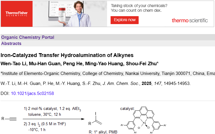 organic_portal's tweet photo. https://t.co/LeR4W01Iwz
Highly selective iron-catalyzed transfer hydroalumination methods for alkynes using triethylaluminum achieve exceptional chemo-, regio-, and stereoselectivity https://t.co/7KVcq6JqlL