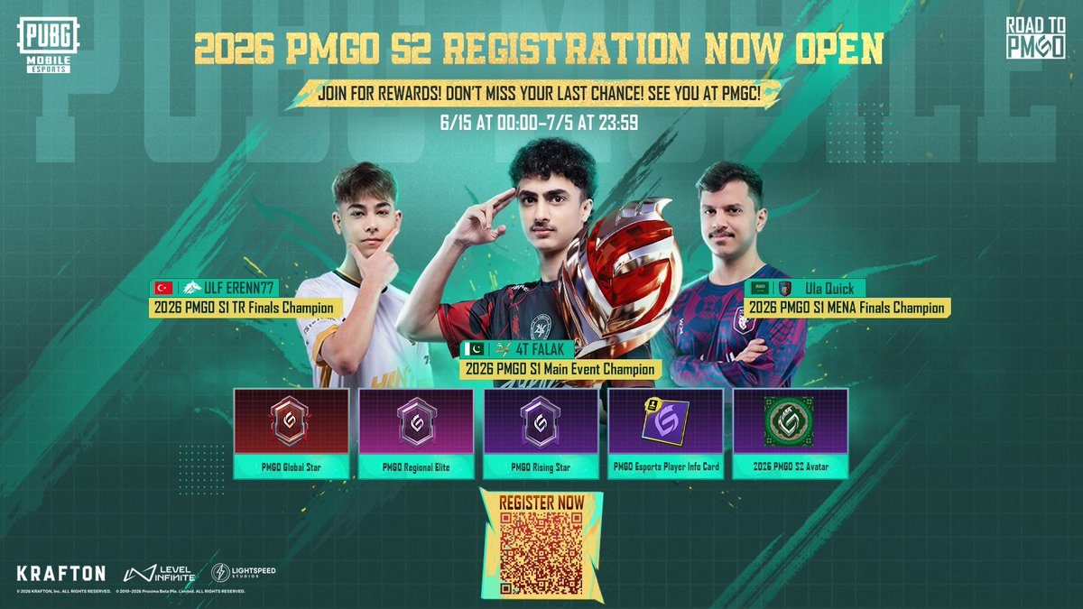 EsportsPUBGM's tweet photo. 2026 PMGO S2 Registration is NOW OPEN! 🚀🔥

Last chance to play your way to PMGC.

📅 June 15 – July 5
🎁 Rewards included.

Register now. 🔥

🎮 Download now: https://t.co/aLPxnhRpcm 

#PUBGMOBILE #PUBGMESPORTS #PMGO #PMGO2026 https://t.co/NH7cXK8ww7