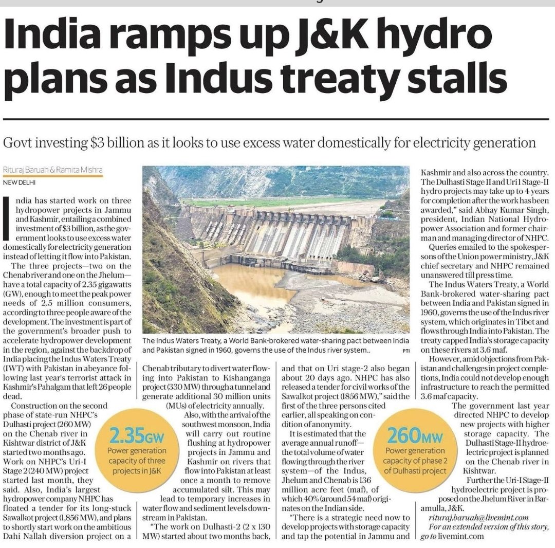 lakshmishaks's tweet photo. India started work on 3 hydropower projects in Jammu & Kashmir with a combined investment of $3 billion and planned capacity of 2.35 GW.

The NHPC projects include Sawalkot (1,856 MW), Dulhasti-II (260 MW) and Uri-I Stage II (240 MW), enough to meet peak demand for 2.5 million consumers.