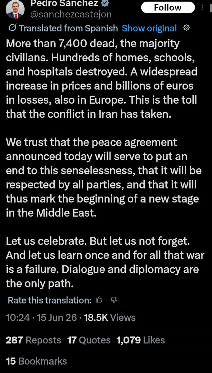 stevebencox's tweet photo. Vous voyez la différence ?
Quand le PM espagnol parle de paix , Macron parle de réouverture inconditionnelle du détroit.
Sa priorité n'est pas la paix mais plutôt la Tune et la suprématie des Européens.
Aucune référence que l'Iran n"a fait que se défendre. https://t.co/1iSSFpXLBZ