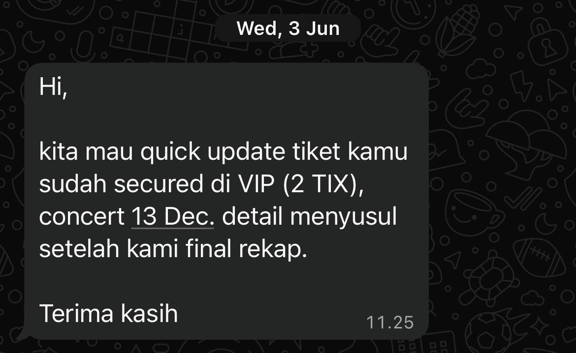 mehappyjin's tweet photo. Rezeki memang ga tertukar ya, berawal dr slot yang waiting list jadi secured ticket di jastip ini🥹🤍 https://t.co/fwn4tS0a7N