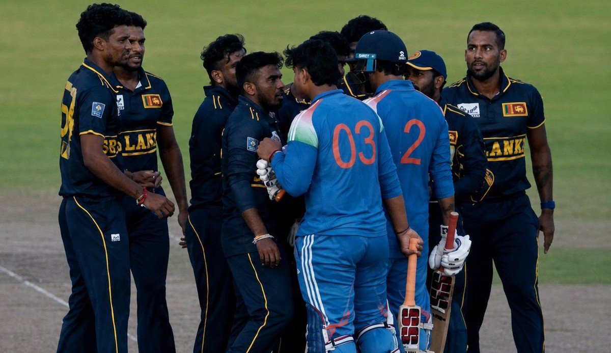 CricketCentrl's tweet photo. After winning the match, a senior Sri Lankan player abused &amp; charged at the 15-year-old Vaibhav Suryavanshi. 

What makes this worse is that some Indian journalists and so-called fans actually supported the Sri Lankan players.🤡 https://t.co/4qBA0LbQa3
