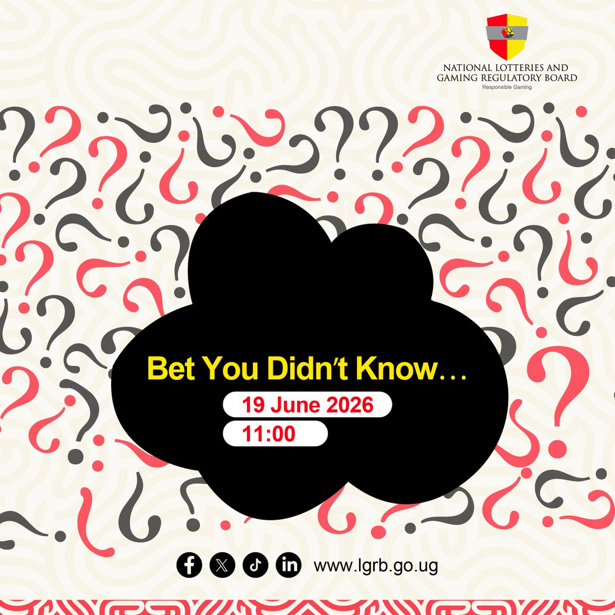 lgrb_uganda's tweet photo. Do You Really Know
What NLGRB Does?
Think you can get all these questions right? You might know how to play
the game, but do you actually know what the Board stands for?
This Friday is your chance to prove your knowledge!
Stay tuned and test your wits.
#NLGRB #ResponsiblegamingUg