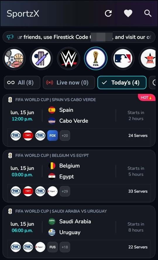 _alfonsocerda's tweet photo. 📺 ¡Otro método para quienes quieran ver el Mundial 2026 completamente GRATIS en Android TV, FireTVStick or Moviles Android!  

⚽Nombre de la aplicación: Sportz X TV  
Sin VPN, sin ANUNCIOS, sin descargar nada extra, todo en FHD.

Abre la aplicación Downloader en tu dispositivo Fire TV / Android TV. 
Ingresa el código 7793911 en la barra de búsqueda.

De nada! 🙌🏽🙏🏽