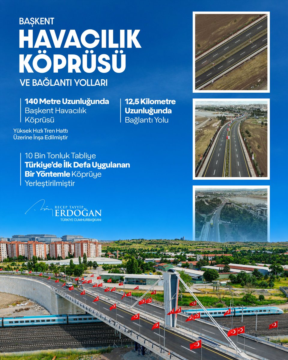 RTErdogan's tweet photo. Bugün hizmete verdiğimiz diğer yatırımlarımız Başkent Havacılık Köprüsü ve Bağlantı Yolları…

Ankara Havalimanımızdan Kızılay’a 17, Ümitköy’e ise 7 kilometrelik güçlü bir ulaşım ağı kurduğumuz, 230 gün gibi rekor bir sürede tamamlanan tüm bu yatırımlar şehrimize hayırlı olsun. https://t.co/heG3me2Cxr