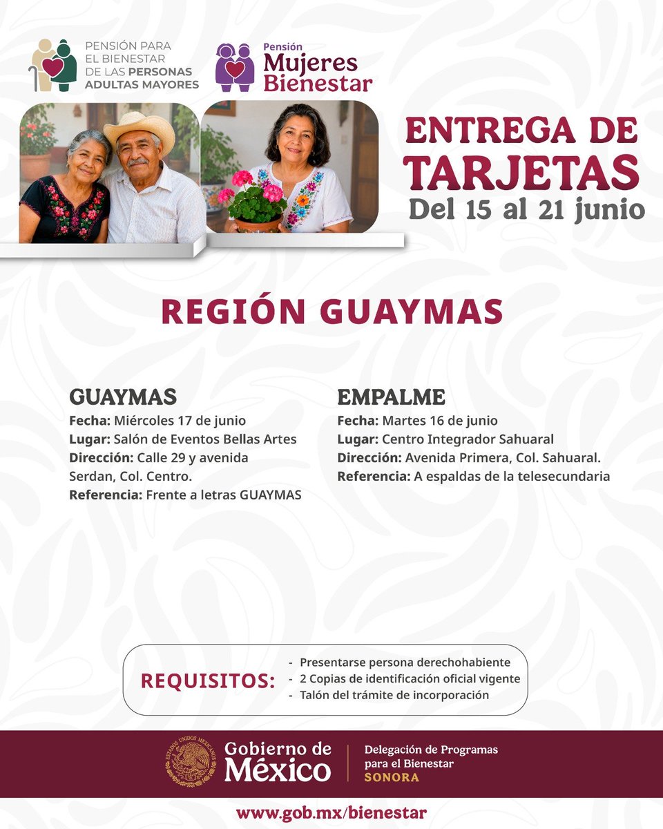 OctavioAlmada1's tweet photo. 💳✨ ¡Atención, Sonora!

Del 15 al 21 de junio se realizará la entrega de tarjetas para derechohabientes de la Pensión para el Bienestar de las Personas Adultas Mayores y de Mujeres Bienestar.

Revisa la imagen de tu región para conocer el lugar, día y horario https://t.co/niHJUme0Yz
