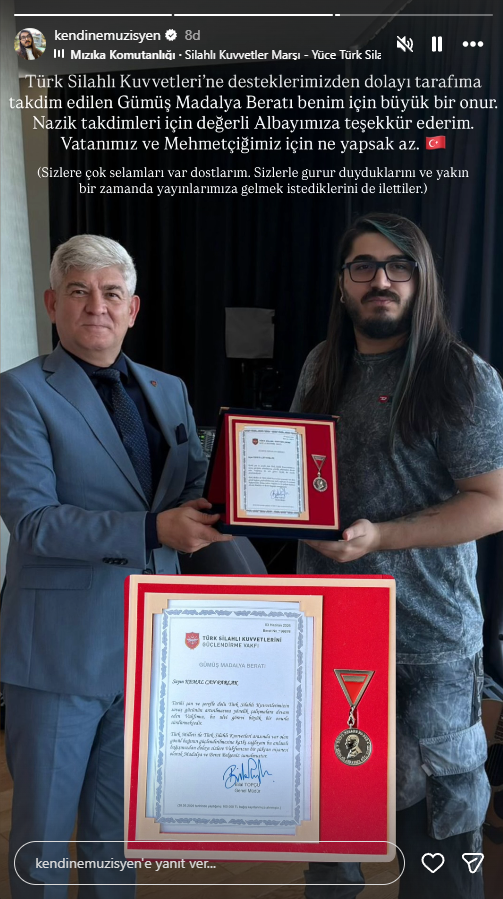 onlydramaX's tweet photo. Kendine Müzisyen, Türk Silahlı Kuvvetleri'ne yaptığı bağıştan dolayı Gümüş Madalya Beratı ile ödüllendirildi. https://t.co/mVp1vdQ5ob