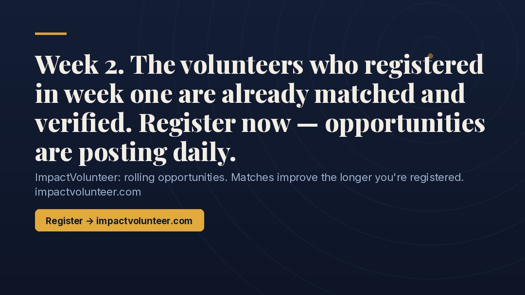 HelloVolunteer's tweet photo. Week 2. The volunteers who registered in week one are already matched and verified. 

Opportunities post daily — matches improve the longer you're registered. 

Register → https://t.co/Sn1bGQLzTI 

#ImpactVolunteer #Volunteering https://t.co/a4Lq3kdEqS