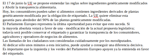 ttnn_podemos's tweet photo. ¡¡Acción urgente!!
¿Quieres saber si comes alimentos genéticamente modificados?
¡Entonces llama a tus diputados del Parlamento Europeo!
#GMOFree #ElijoLibreDeOMG #StopOMG #OMGNoGracias #NoGMOs #NoNGTs

https://t.co/mpEl7CTAa2 https://t.co/VBPnh1TGd1