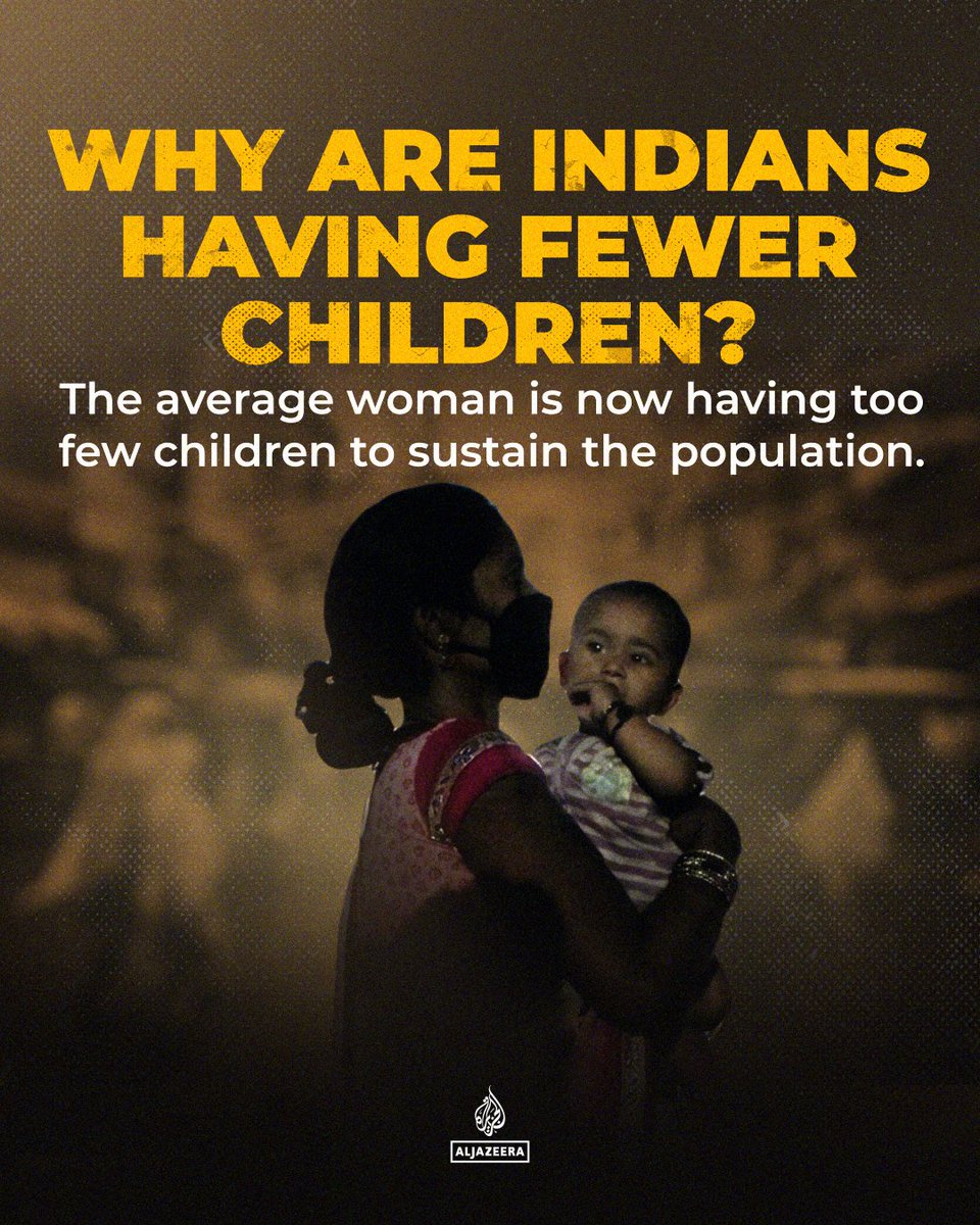 AJEnglish's tweet photo. 🧵Thread ⤵️

India’s total fertility rate has fallen to 1.9 children per woman, below the 2.1 benchmark needed to maintain a stable population.

Why are more Indians choosing to have fewer children, or none at all? https://t.co/yqaQ7gWYN1 https://t.co/ObOhE3IxRJ