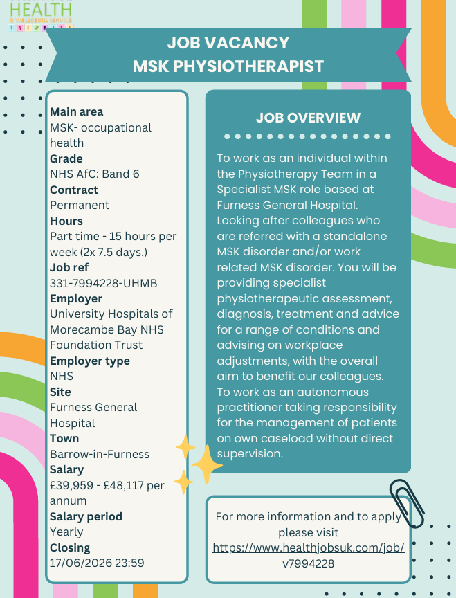 UHMBT_OccHealth's tweet photo. Looking for a role where you can make a real difference to employee wellbeing every day @UHMBT we have a part time job vacancy for an MSK Physiotherapist at FGH, to apply please visit HealthJobsUK https://t.co/At42HWjDns