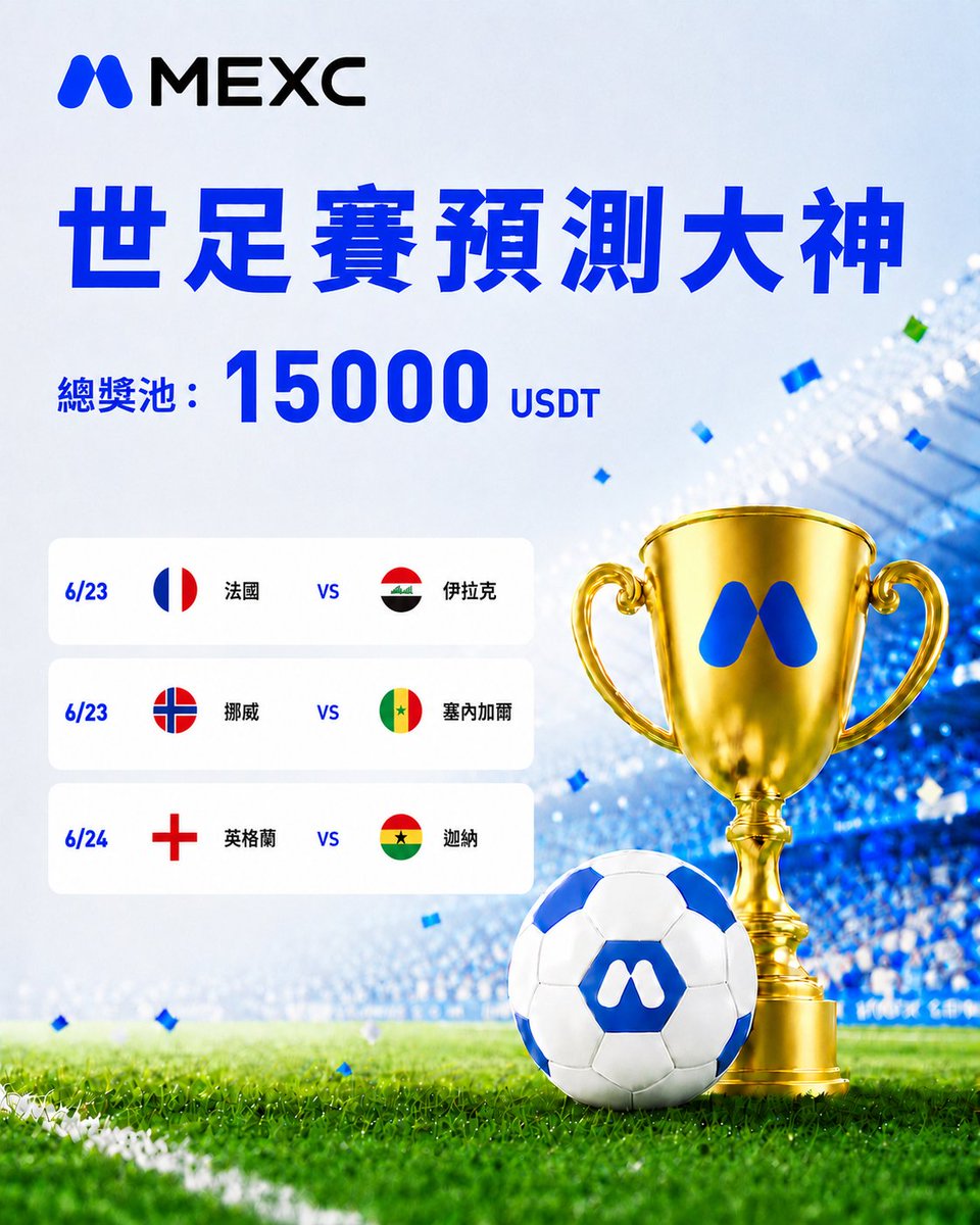 MEXCZH's tweet photo. 🏆 號外！我們正在尋找足球預測大神！

這次不用上場踢球，只要動動手指以下精選賽事結果，就有機會把 獎金帶回家

🇫🇷 法國 vs 伊拉克（6/23）

🇳🇴 挪威 vs 塞內加爾（6/23）

🏴󠁧󠁢󠁥󠁮󠁧󠁿 英格蘭 vs 迦納（6/24）

1️⃣ 追蹤 @MEXCZH  並轉發本篇貼文

2️⃣ 留言UID + 你的每一場預測結果（每一場選國家或平局），共三個答案，一起Tag兩位好友來參加

📅活動時間：0615-0622

🎁 活動獎勵

🏆 猜中 3 場：3000 USDT 合約倉位 × 3 名

🏆 猜中任 2 場：1500 USDT 合約倉位 × 3 名

🏆活動參與獎： 500 USDT 合約倉位 x 3名