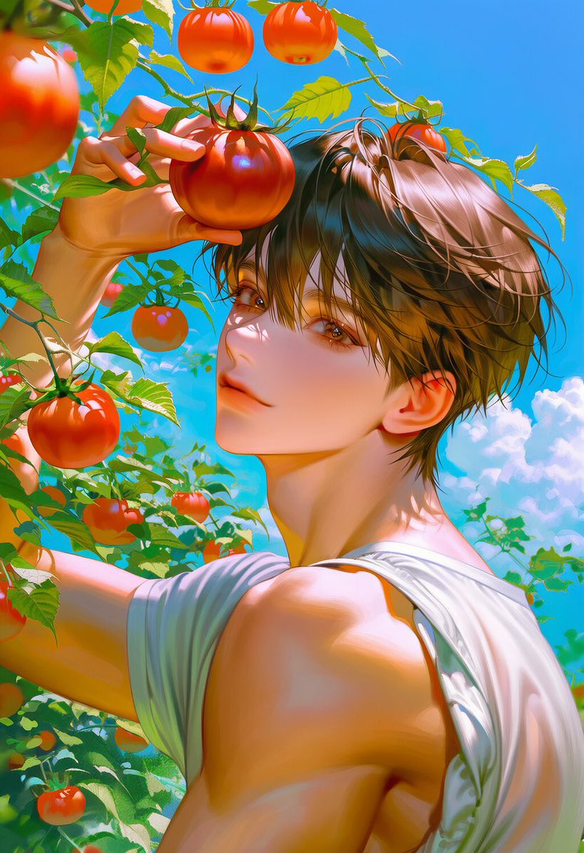 milkreamy14342's tweet photo. 여름 토마토 프롬 공유

masterpiece, best quality, ultra detailed, bright summer atmosphere, side view of a person standing under a tomato tree, reaching one hand up to pick a ripe red tomato, vivid blue summer sky with fluffy white clouds, warm sunlight, lush green leaves, fresh red tomatoes hanging from branches, candid photography composition, soft breeze, youthful and refreshing mood, a single green tomato leaf gently resting on the bangs, natural expression, airy hair, light summer outfit, vibrant colors, dreamy aesthetic, cinematic lighting, soft glow, fresh and cheerful summer vibe,