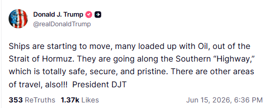 CNBCTV18Live's tweet photo. #JustIn | #Ships loaded with #oil are beginning to move out of the #StraitOfHormuz, vessels using southern ‘highway’ Through hormuz, route is safe and secure, says #USPrsident, #DonaldTrump on #TruthSocial https://t.co/ZgdYgE9eru