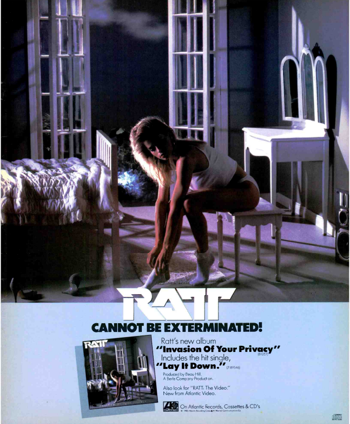 RockTheseTweets's tweet photo. #OnThisDay in 1985, RATT's 2nd album "Invasion of Your Privacy" was in stores with lead single Lay It Down exploding at rock radio and on MTV. "RATT cannot be exterminated!" , ad from Billboard's June 15th, 1985 issue. #80sMetal #ClassicRock #80s @theRATTpack https://t.co/DRroYf9rmQ