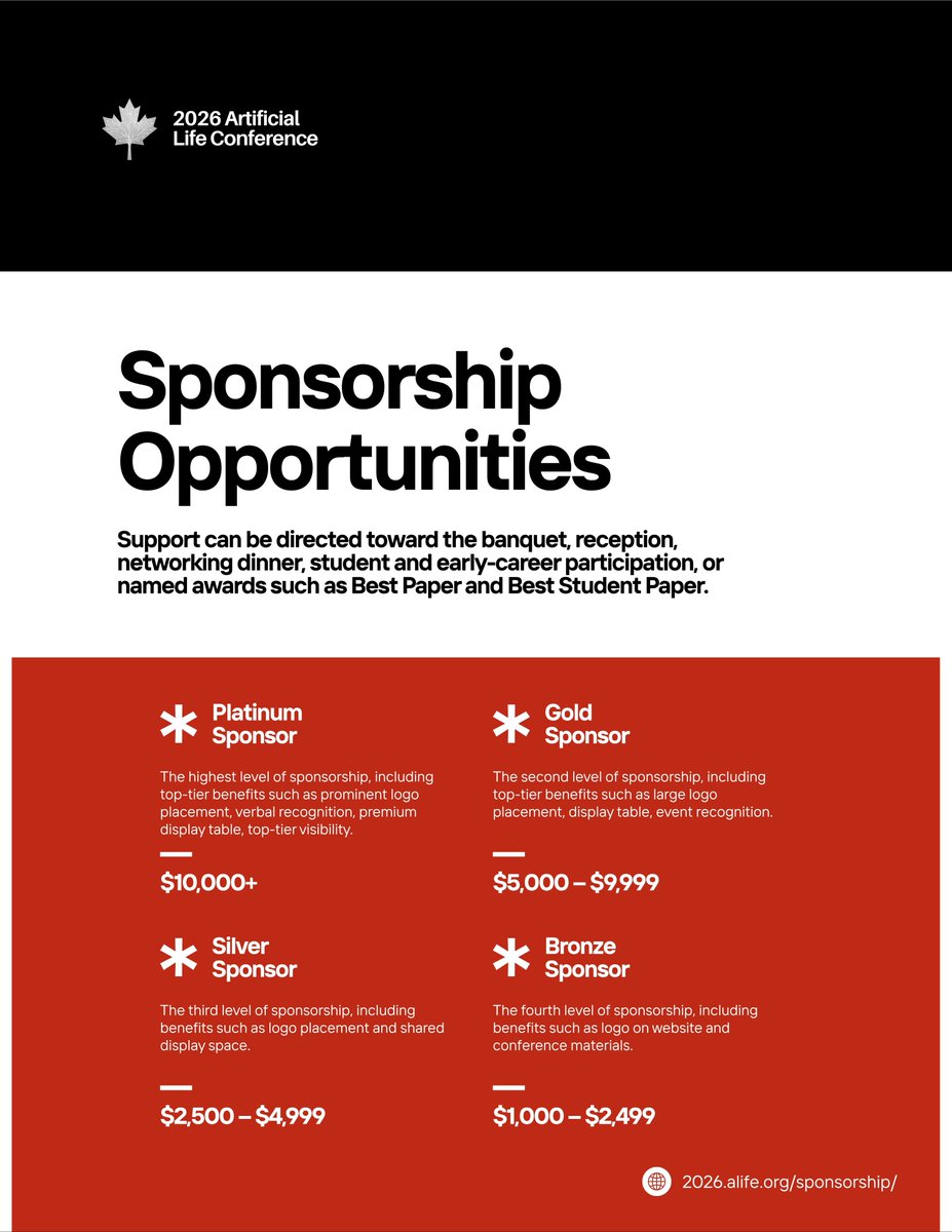 ISALstudents's tweet photo. 🚀 Partner with the future of #AI &amp; #robotics!  

Become an official sponsor for #ALIFE2026 in Waterloo, Canada 🇨🇦
 
Connect with 200-500 leading international researchers &amp; emerging talent.  

Check our package tiers👇 🌐

https://t.co/GFbDoiMZRc 

#ArtificialLife @ALifeConf https://t.co/ibnwQshuAo