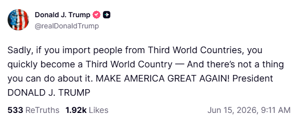 zerohedge's tweet photo. Trump: "Sadly, if you import people from Third World Countries, you quickly become a Third World Country — And there’s not a thing you can do about it. MAKE AMERICA GREAT AGAIN!" https://t.co/RozM1ssUSl