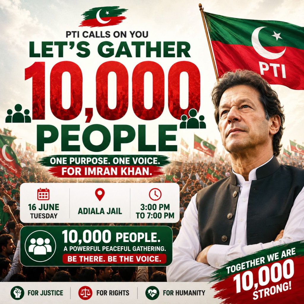 PTIPunjabPK's tweet photo. Gather outside Adiala Jail tomorrow with Imran Khan’s sisters from 3:00 PM to 7:00 PM to demand an immediate end to Imran Khan's solitary confinement and to ensure he receives proper medical care.

#EndKhansIsolationNow
#جون_16_کو_اڈیالہ_چلو https://t.co/krlkJ03tjE