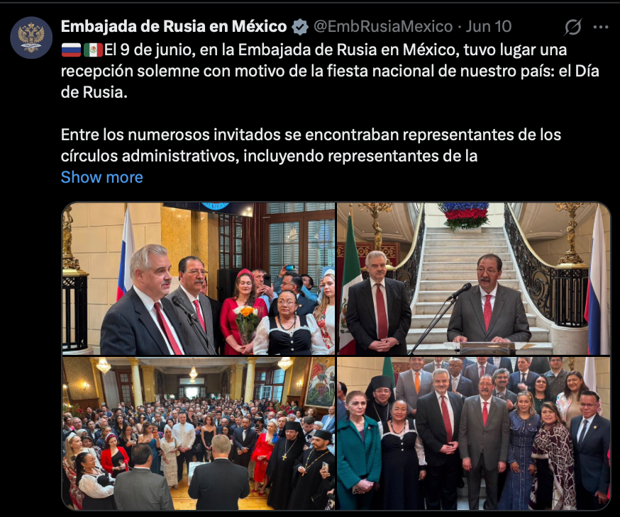 DoliaEstevez's tweet photo. Legisladores de morena y afines acuden a la embajada de Rusia a celebrar su día. Se retratan con el representante de Putin. Tratar a Rusia como si fuera parte de la comunidad de naciones civilizadas es ser cómplice de sus crímenes. Rusia es un estado terrorista y Putin un paria. https://t.co/6saTGi5zqS