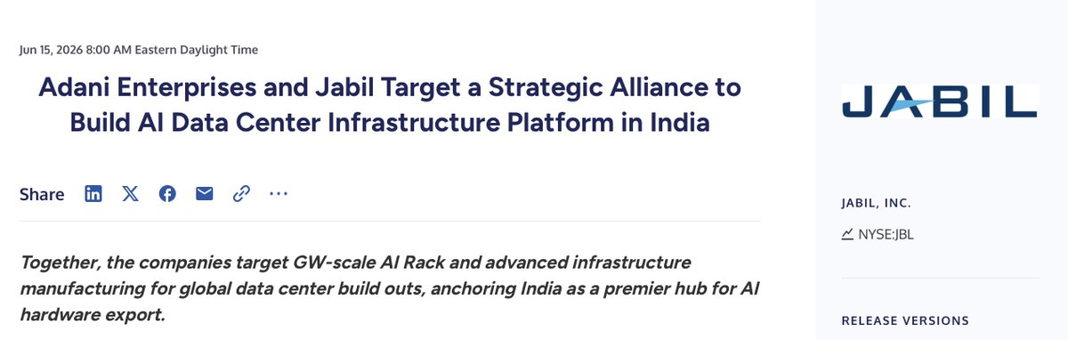 PepInvestStocks's tweet photo. $SIVE The global AI race just hit a massive milestone today as @AdaniOnline and manufacturing titan $JBL officially announced a landmark strategic alliance.

Together, they are building a massive, vertically integrated AI data center platform in India, deploying high-density, liquid-cooled hardware designed to meet the extreme power and thermal demands of next-generation computing.

While the headlines focus on the two giants today, the most compelling angle sits one step deeper inside the supply chain, serving as a massive bullish catalyst for $SIVE.

$SIVE is deeply embedded as a critical, direct technology supplier to $JBL.

Sivers supplies the high-performance laser chips that power Jabil’s cutting-edge 1.6T optical transceiver modules.

While Adani builds the physical mega-campuses and $JBL manufactures the hardware, $SIVE provides the foundational photonics that allow these systems to transfer massive amounts of data at lightning speed.

This setup directly addresses the single biggest bottleneck facing modern data centers: power consumption.

$SIVE laser technology dramatically slashes the energy footprint of optical links.

For an alliance like Adani and Jabil that is building infrastructure for electricity-hungry AI clusters, this energy efficiency is a massive competitive edge.

As Adani accelerates its newly announced manufacturing rollout today, Jabil’s production lines will ramp up, pushing $SIVE right into the sweet spot of high-volume global demand.

The Adani Ecosystem Anchoring the Supply Chain

Through its integration with $JBL, $SIVE aligns with a massive network of global tech, energy, and logistics giants:

The Tech Giants and Cloud Customers: $MSFT and $GOOG act as the primary hyper-scale drivers, partnering with Adani to establish massive AI data center hubs across India.

The Infrastructure Core: $JBL serves as the direct manufacturing engine and $SIVE customer, alongside EdgeConneX, a major US data center operator working in the AdaniConneX joint venture.

The Energy Providers: TotalEnergies collaborates on a multi-billion dollar scale to supply the massive amounts of green power and solar energy required to run these AI campuses.

The Global Logistics Network: Major shipping lines and international airlines like Maersk, MSC, and Air India serve as long-term anchor clients utilizing Adani’s global port and airport network.