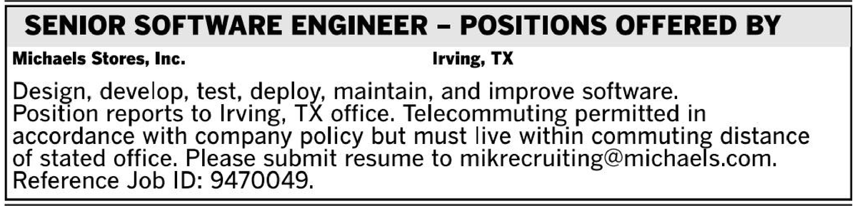 JobsNowPR's tweet photo. Why is Michael's Stores only taking applications for this software engineering job in the Dallas Morning News via a special email address?

wouldn't they get more applications if they put it on their website?

of course, this is a PERM ad - they don't want US citizen applicants! https://t.co/jXeI6bPLlU