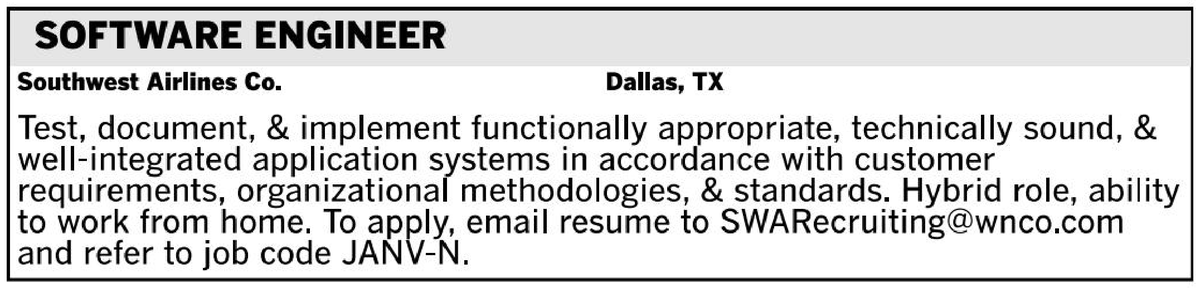 JobsNowPR's tweet photo. Southwest airlines is advertising this software engineering job in Dallas only in newspaper classifieds

Why do you think they didn't put it on their website?

We think they already have an immigrant on a visa picked out for this job - they don't want Americans to apply! https://t.co/3UxMTZgcef
