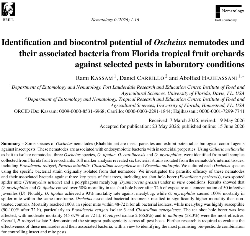 KassamRami's tweet photo. I am pleased to share that our research article, "Identification and biocontrol potential of Oscheius nematodes and their associated bacteria from Florida tropical fruit orchards against selected pests in laboratory conditions," has been published in the journal Nematology. https://t.co/5uaF1sW5zc