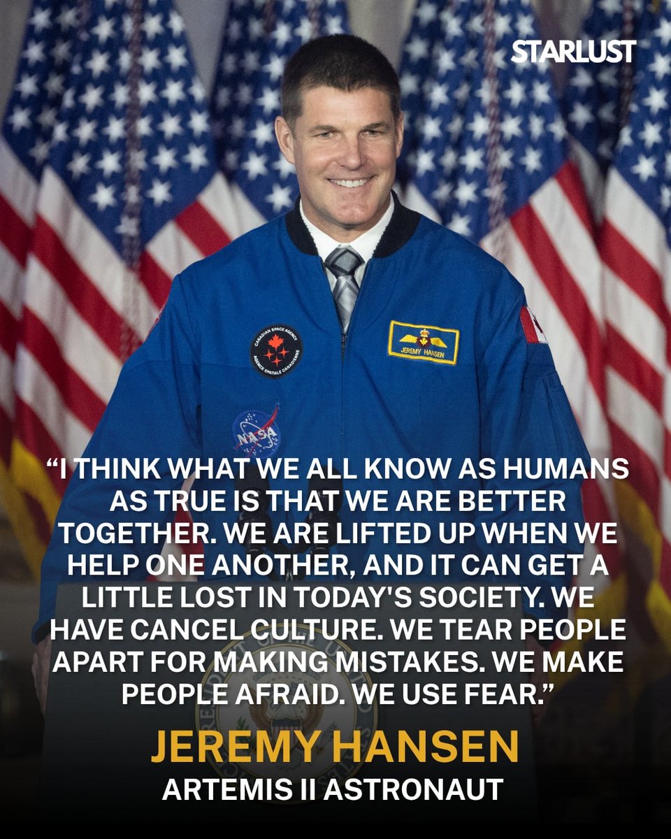 starlustorg's tweet photo. The message from the Artemis II crew has always been about unity, peace, and inclusivity. None more so than that of Canadian Mission Specialist Jeremy Hansen. The Artemis II crew recently returned from an epic 250-thousand-mile journey around the Moon and back. https://t.co/l0mOahLETH