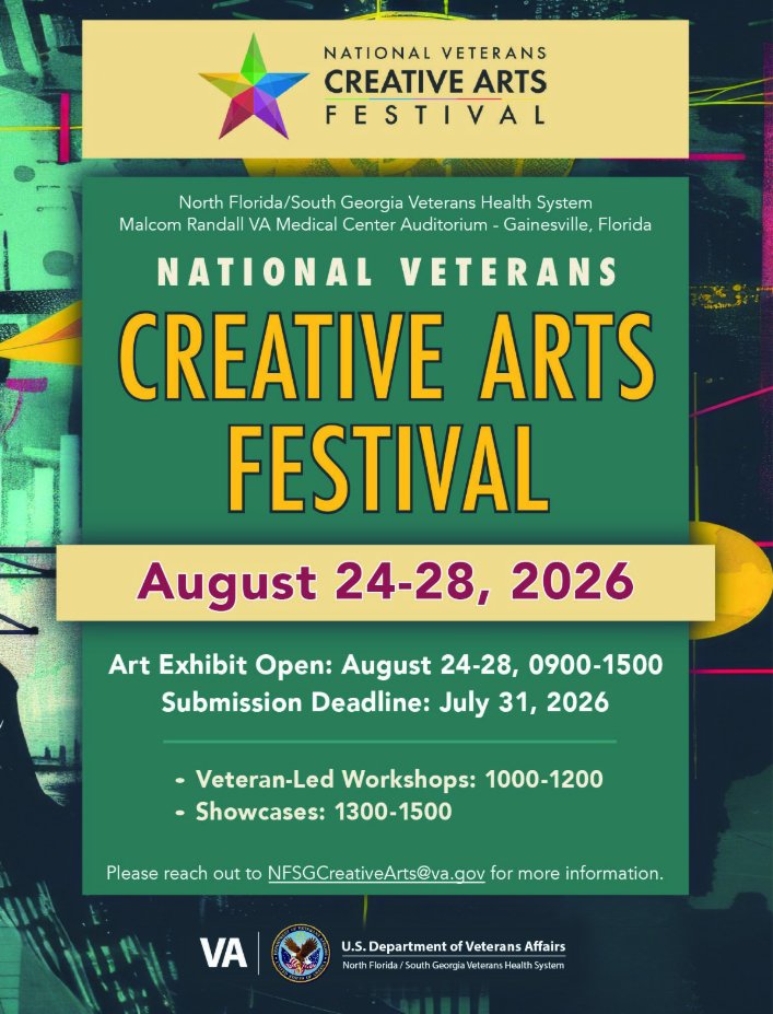 vanfsg's tweet photo. Attention all Veteran artists, actors, dancers, musicians and writers!  It’s that time of year again!  

Veterans, here is your opportunity to share your creative talents with us!

NF/SGVHS will begin collecting submissions for the 2025 NF/SG VHS Creative Arts Festival. All entries must be received by Friday, July 31st, 2026.  For more information please visit the NF/SG Creative Arts Therapy website https://t.co/487WiQ5sWu... local event will take place in the Malcom Randall VAMC Auditorium August 24th-28th, 2026. The art and writing exhibit will be open to the public August 24th-28th from 0900-1500. Veteran led workshops will occur Monday through Friday from 1000-1200 and live showcases will occur Monday through Friday from 1300-1500.

For questions and submissions please send to the Creative Arts Therapy team at NFSGCreativeArts@va.gov