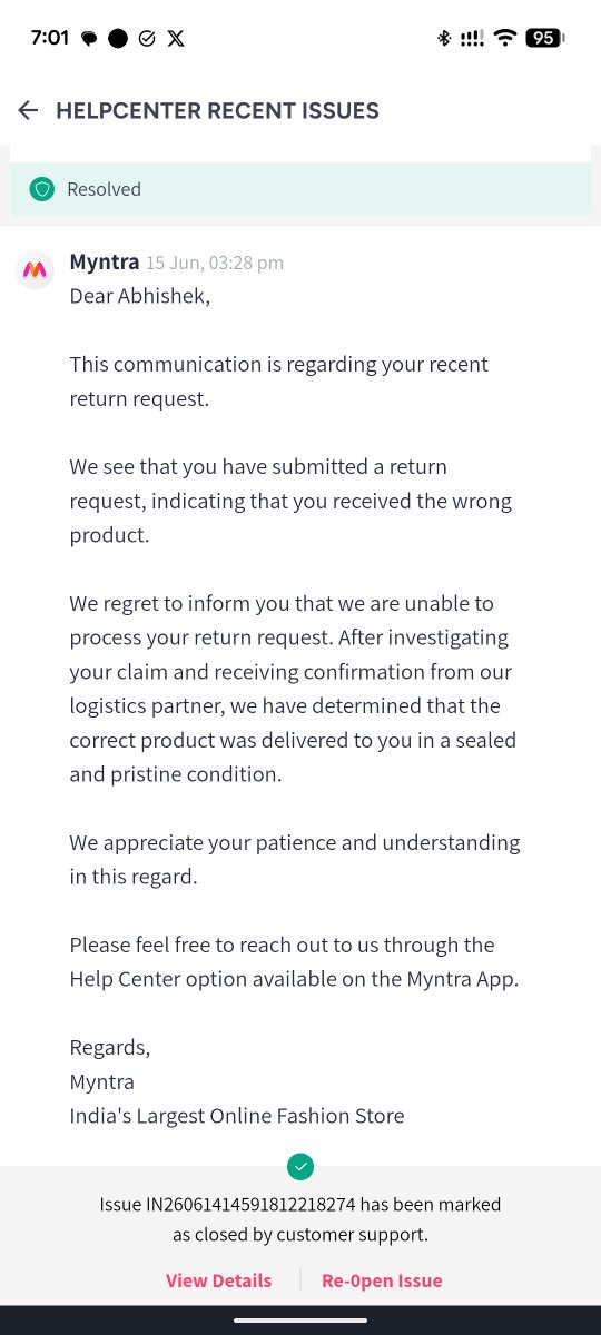 abhisheksayz1's tweet photo. @MyntraSupport You call this resolution?! Absolutely pathetic grievance redressal mechanism. No accountability &amp; no intent to serve after sales! I would urge everyone to stop using it and boycott @myntra 
#MyntraScam #ConsumerExploitation #MyntraFail #BoycottMyntra @jagograhakjago @consaff https://t.co/RZ3ESi5Cbq