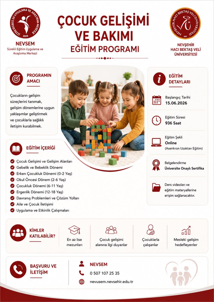nevukurumsal's tweet photo. #NEVÜ Sürekli Eğitim Uygulama ve Araştırma Merkezi (NEVSEM) Müdürlüğü tarafından “Çocuk Gelişimi ve Bakımı Eğitimi Programı” düzenlenecektir. Bilgi için👉https://t.co/gxFBZx815r https://t.co/8jFxxQGz4O